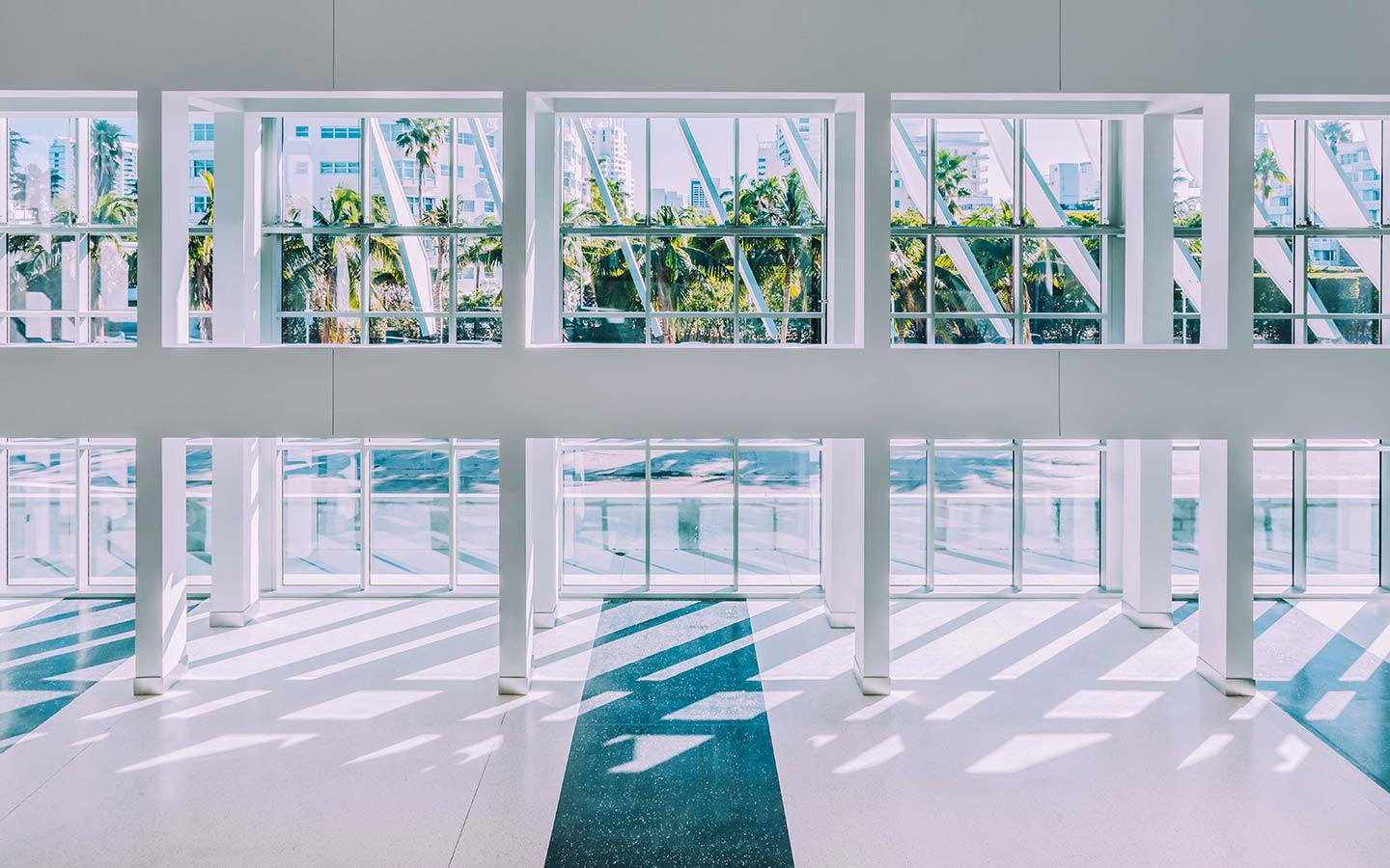 View looking out the front windows of the Miami Beach Convention Center