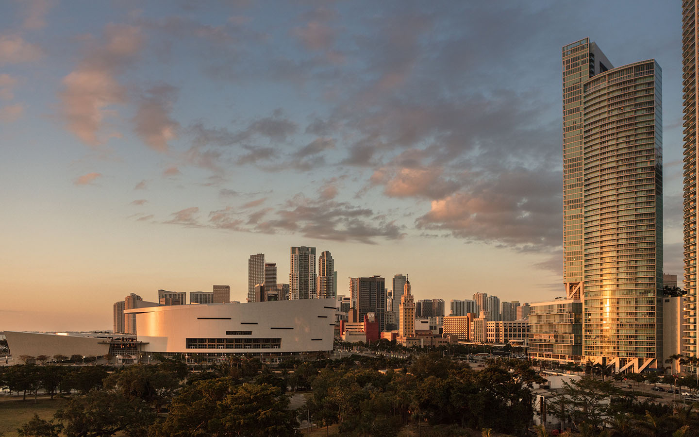 FTX Arena, Freedom Tower and Downtown Miami at dusk